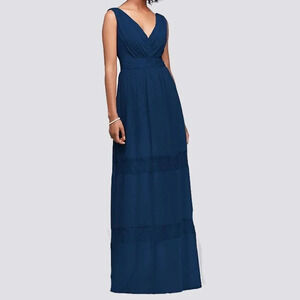 David's Bridal Lace-Inset Chiffon V-Neck Dress